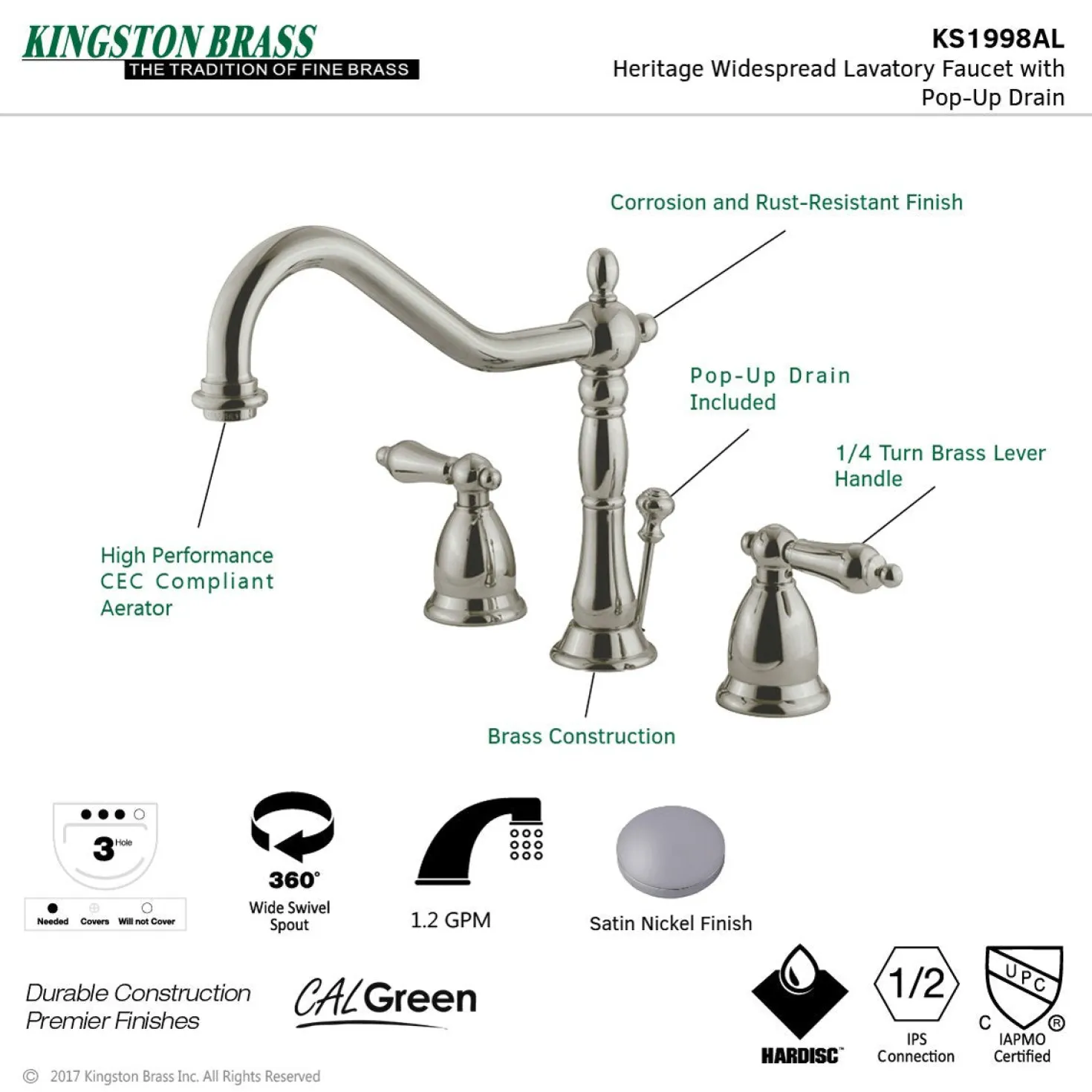 Kingston Brass Heritage 8-Inch Widespread Bathroom Faucet with Brass Pop-Up