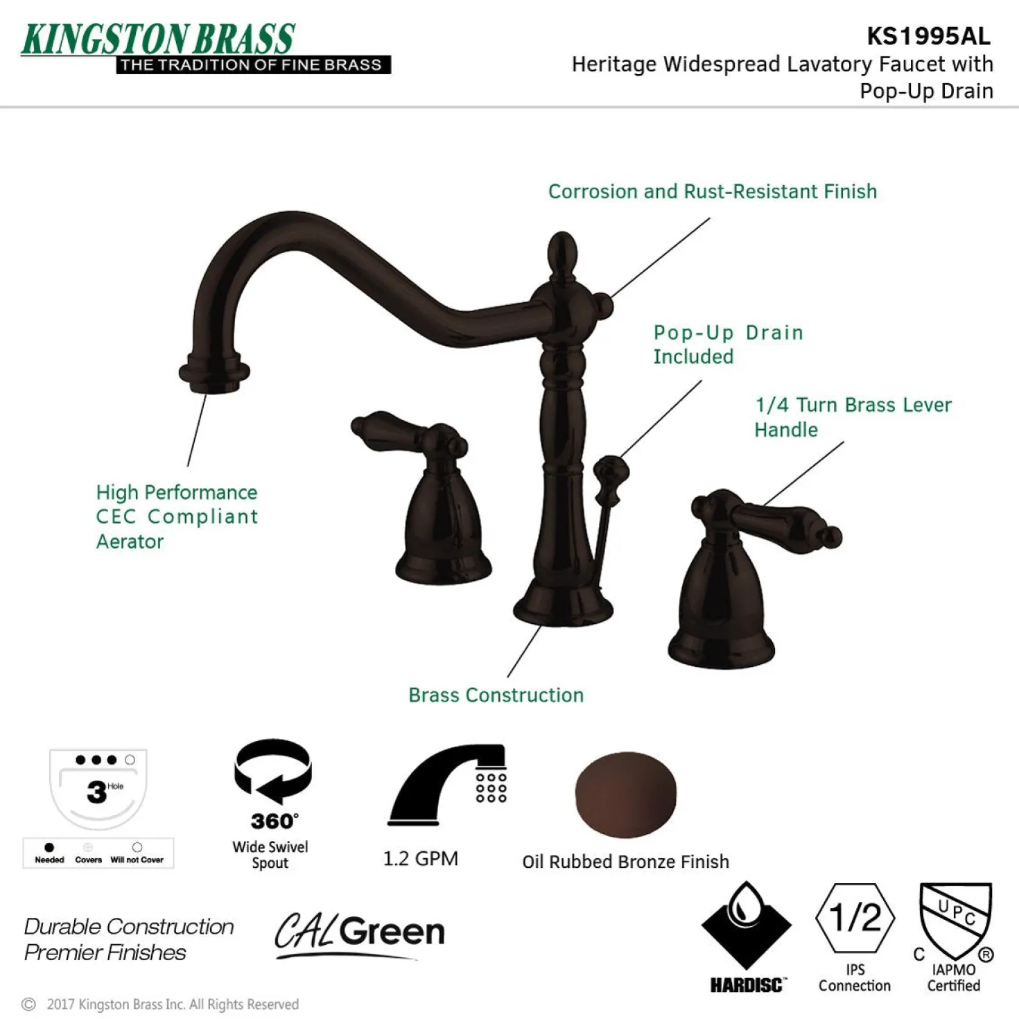 Kingston Brass Heritage 8-Inch Widespread Bathroom Faucet with Brass Pop-Up