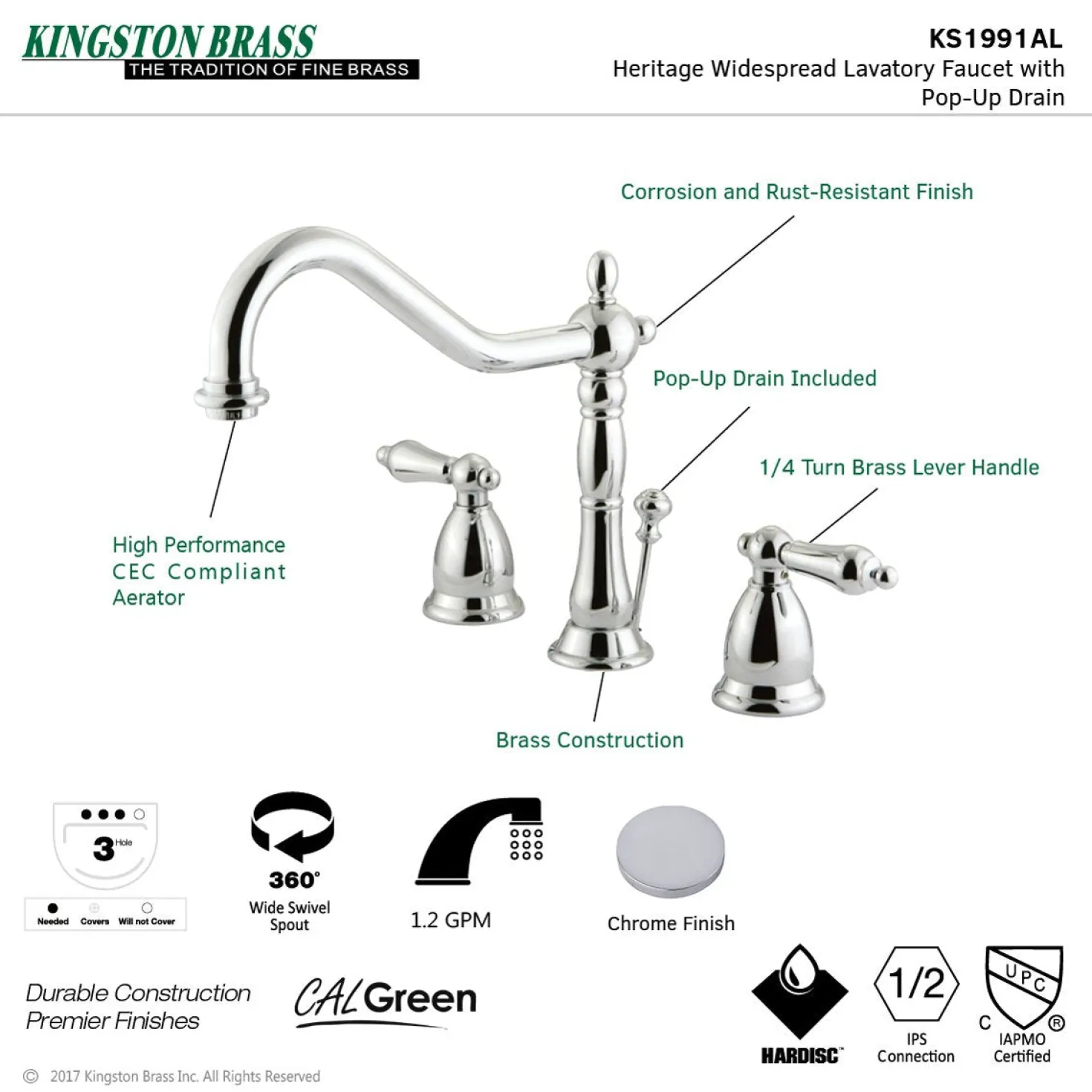 Kingston Brass Heritage 8-Inch Widespread Bathroom Faucet with Brass Pop-Up