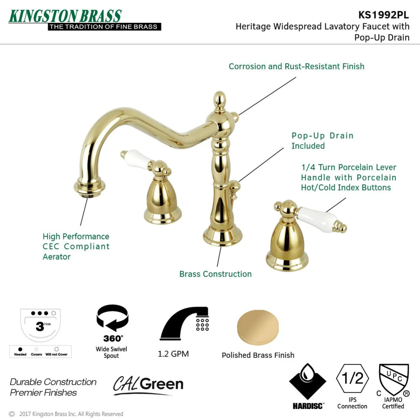 Kingston Brass Heritage 8-Inch Widespread Lever-Handle Bathroom Faucet