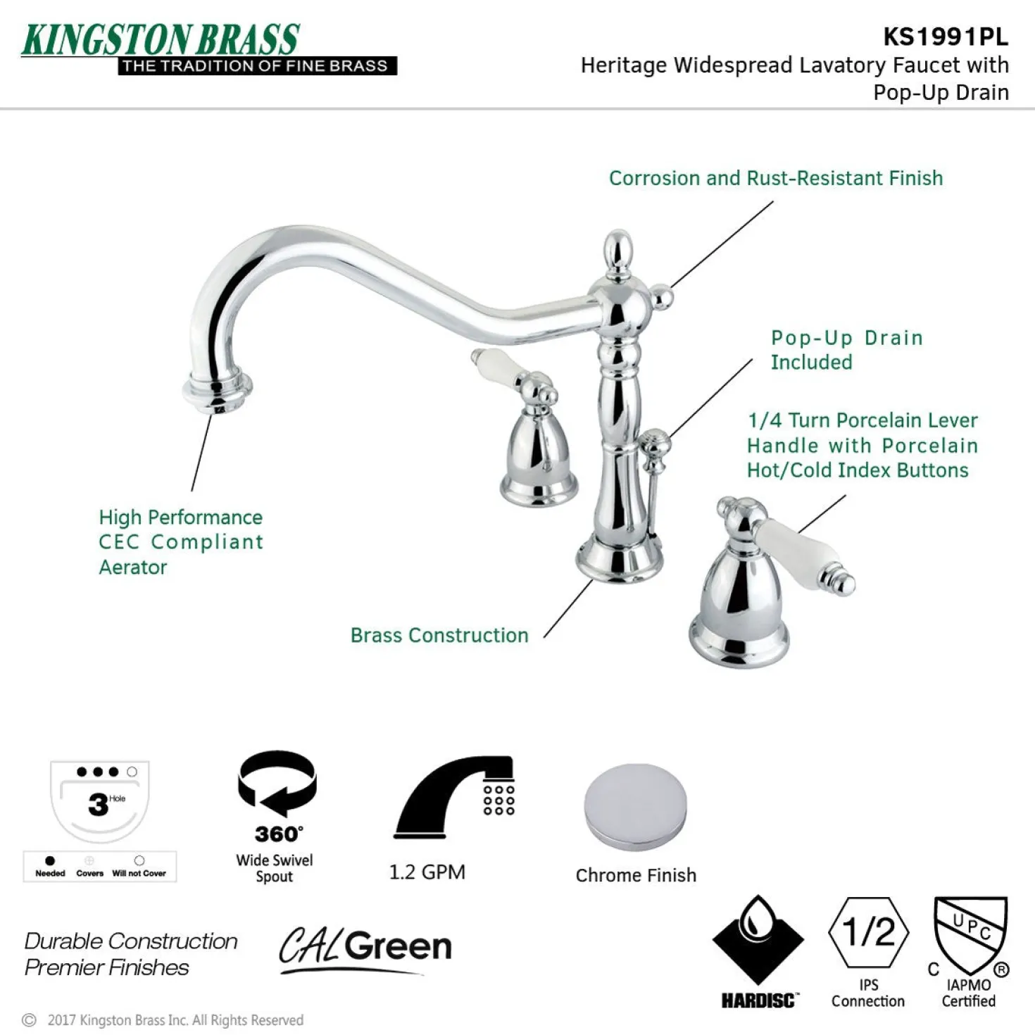Kingston Brass Heritage 8-Inch Widespread Lever-Handle Bathroom Faucet