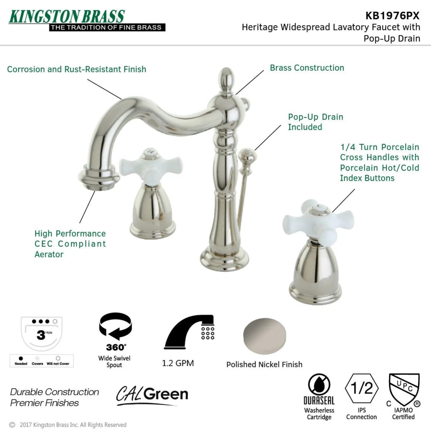 Kingston Brass Heritage 8-Inch Widespread 3-Hole Bathroom Faucet