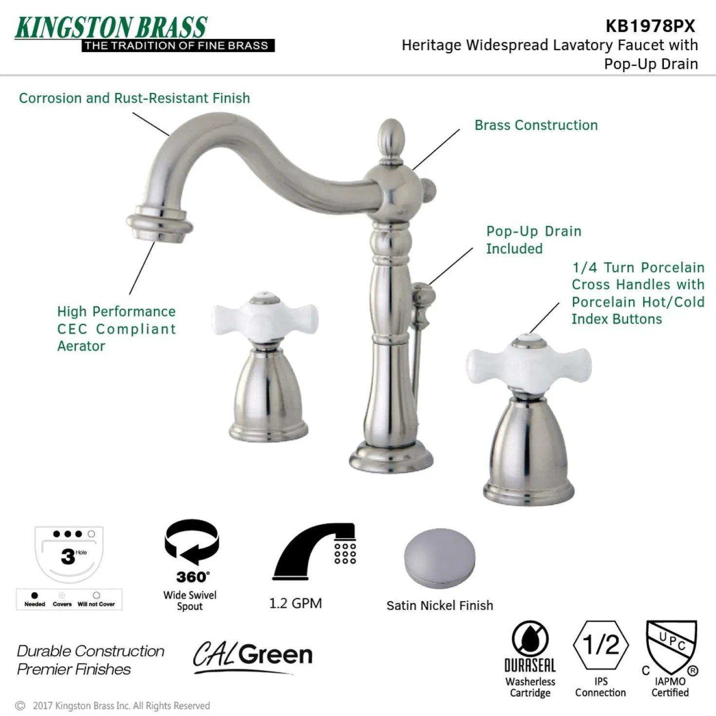 Kingston Brass Heritage 8-Inch Widespread 3-Hole Bathroom Faucet