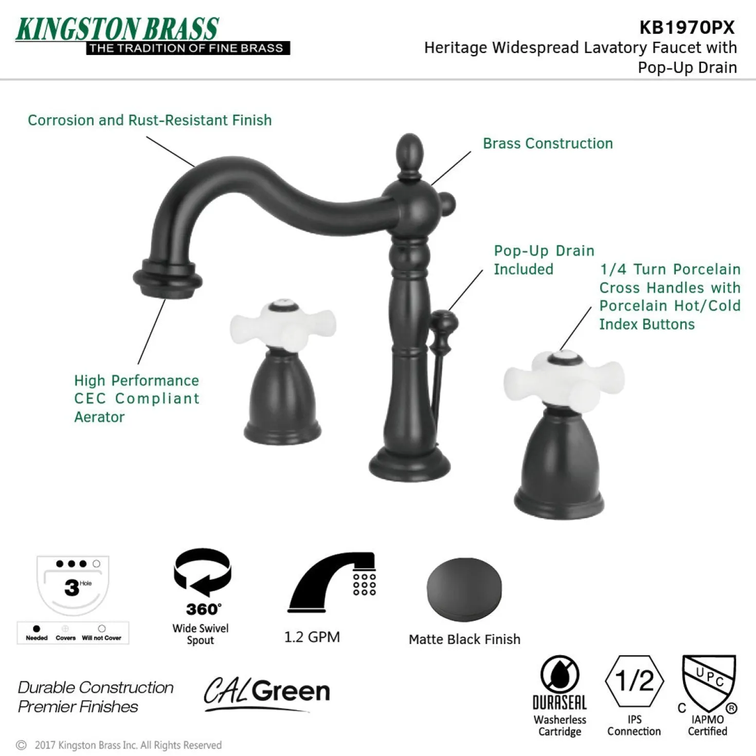 Kingston Brass Heritage 8-Inch Widespread 3-Hole Bathroom Faucet