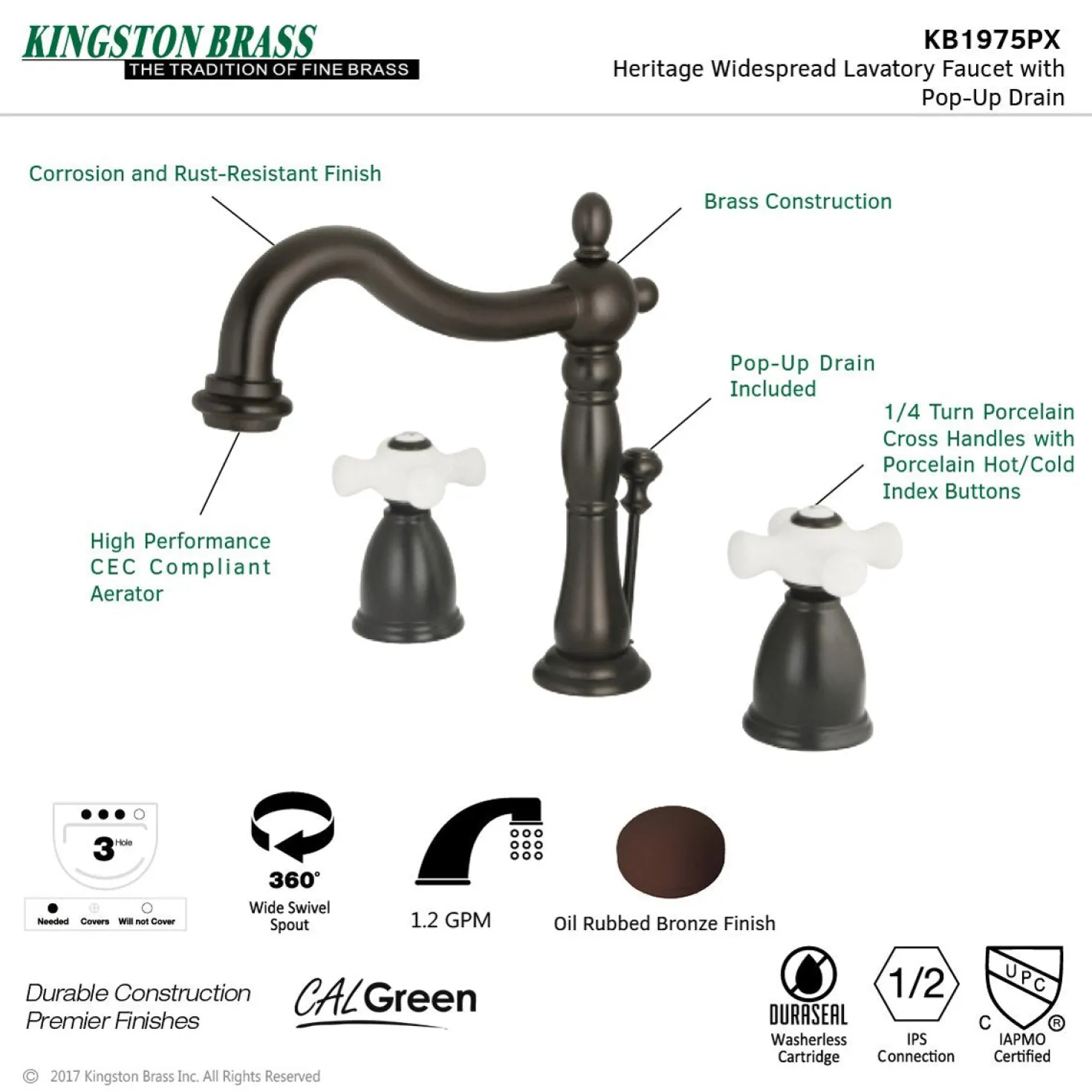 Kingston Brass Heritage 8-Inch Widespread 3-Hole Bathroom Faucet