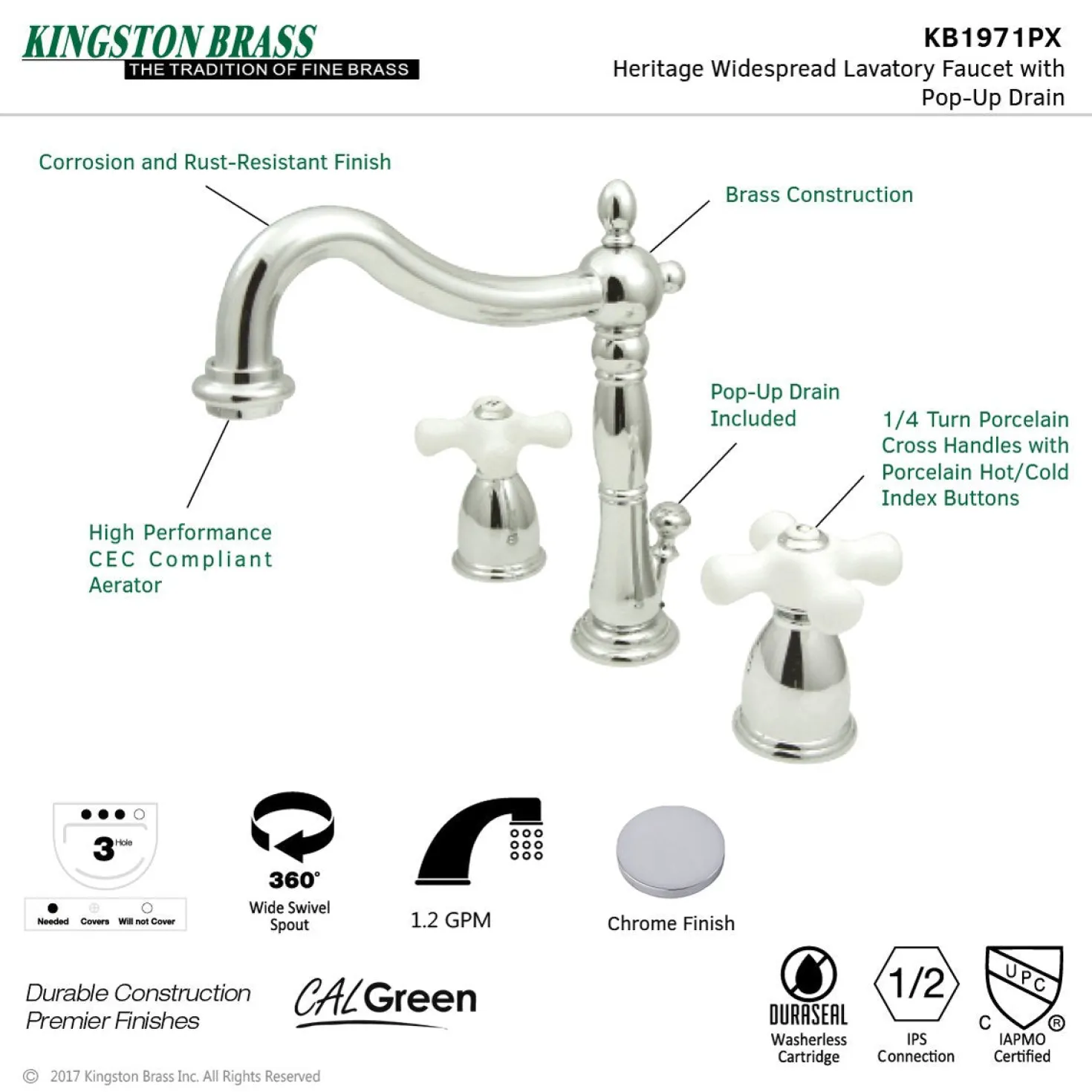 Kingston Brass Heritage 8-Inch Widespread 3-Hole Bathroom Faucet