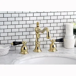 Kingston Brass Heritage Onyx Traditional Widespread Lavatory Faucet with Black Porcelain Lever Handle