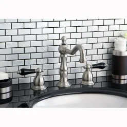 Kingston Brass Heritage Onyx Traditional Widespread Lavatory Faucet with Black Porcelain Lever Handle