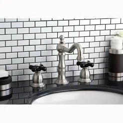 Kingston Brass Heritage Onyx Widespread Solid Brass Lavatory Faucet with Black Porcelain Cross Handle