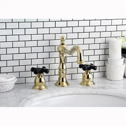 Kingston Brass Heritage Onyx Widespread Solid Brass Lavatory Faucet with Black Porcelain Cross Handle