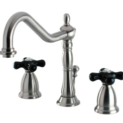 Kingston Brass Heritage Onyx Widespread Lavatory Faucet with Black Porcelain Cross Handle