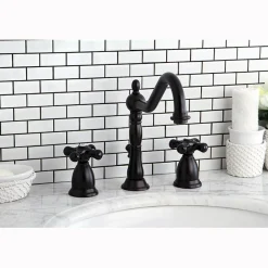 Kingston Brass Heritage Onyx Widespread Lavatory Faucet with Black Porcelain Cross Handle
