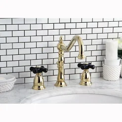 Kingston Brass Heritage Onyx Widespread Lavatory Faucet with Black Porcelain Cross Handle