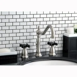 Kingston Brass Heritage Onyx Widespread Lavatory Faucet with Black Porcelain Cross Handle