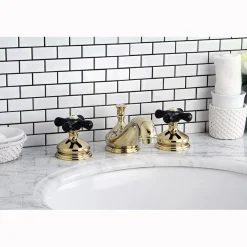 Kingston Brass Heritage Onyx Traditional Widespread Lavatory Faucet with Black Porcelain Cross Handle