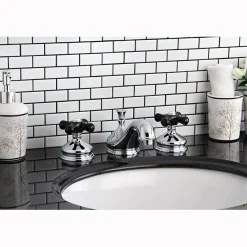 Kingston Brass Heritage Onyx Traditional Widespread Lavatory Faucet with Black Porcelain Cross Handle