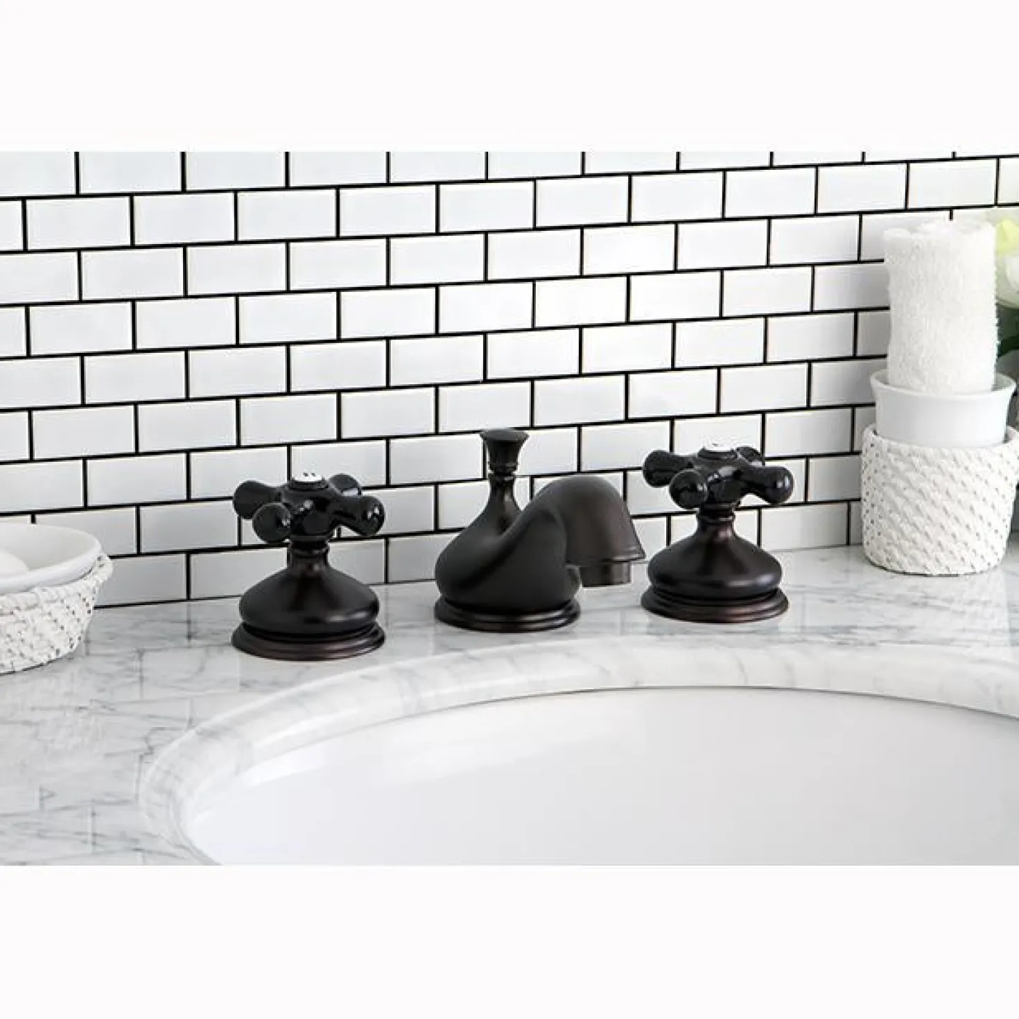 Kingston Brass Heritage Onyx Traditional Widespread Lavatory Faucet with Black Porcelain Cross Handle