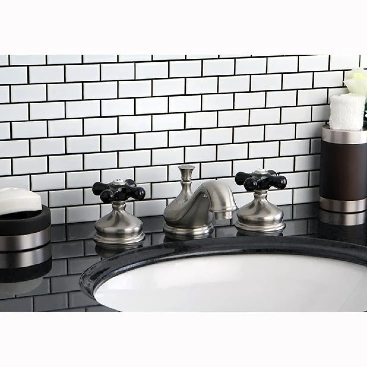 Kingston Brass Heritage Onyx Traditional Widespread Lavatory Faucet with Black Porcelain Cross Handle