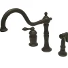 Kingston Brass Heritage Single Handle Deck Mount Widespread Kitchen Faucet with Brass Sprayer