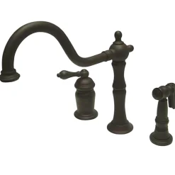 Kingston Brass Heritage Single Handle Deck Mount Widespread Kitchen Faucet with Brass Sprayer