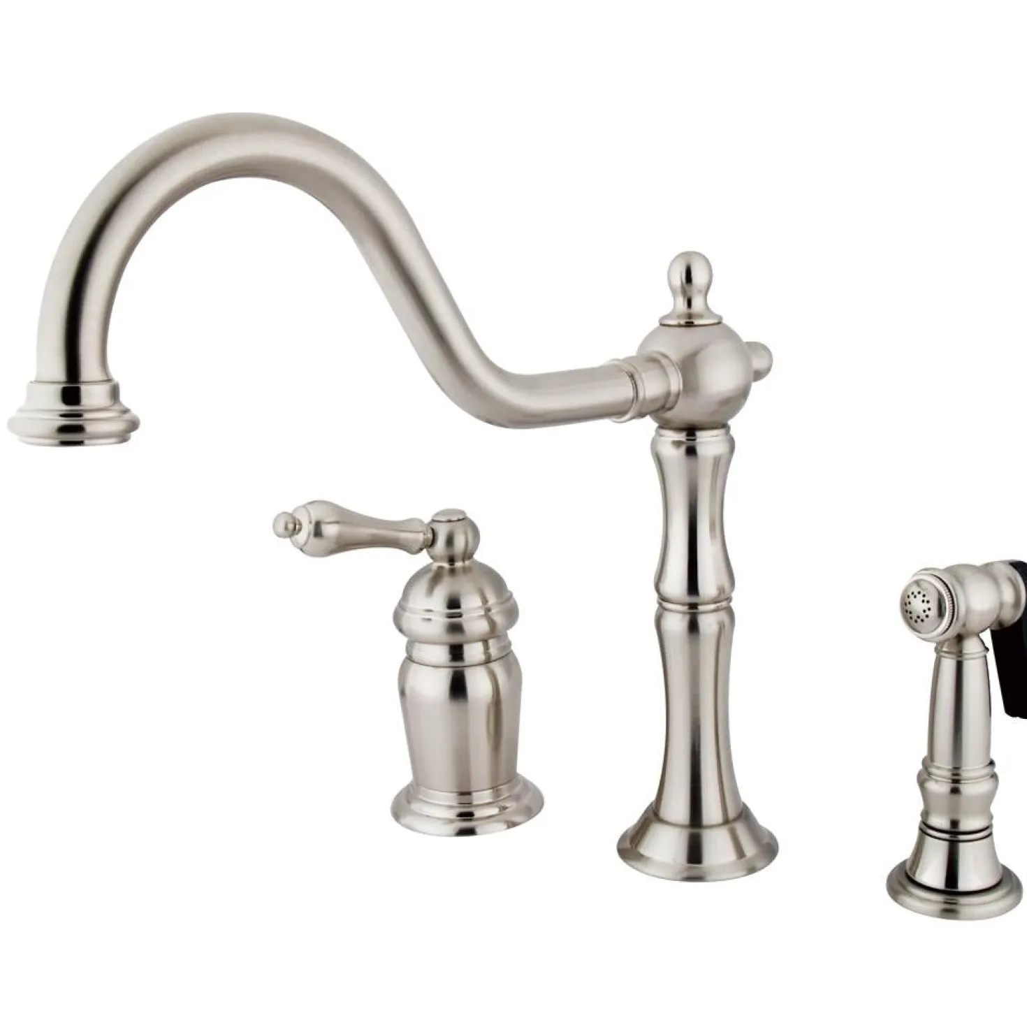 Kingston Brass Heritage Single Handle Deck Mount Widespread Kitchen Faucet with Brass Sprayer
