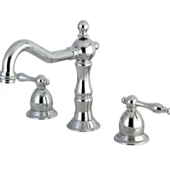 Kingston Brass Heritage Two Handle Deck Mount 8" to 14" Widespread Lavatory Faucet with Brass Pop-up