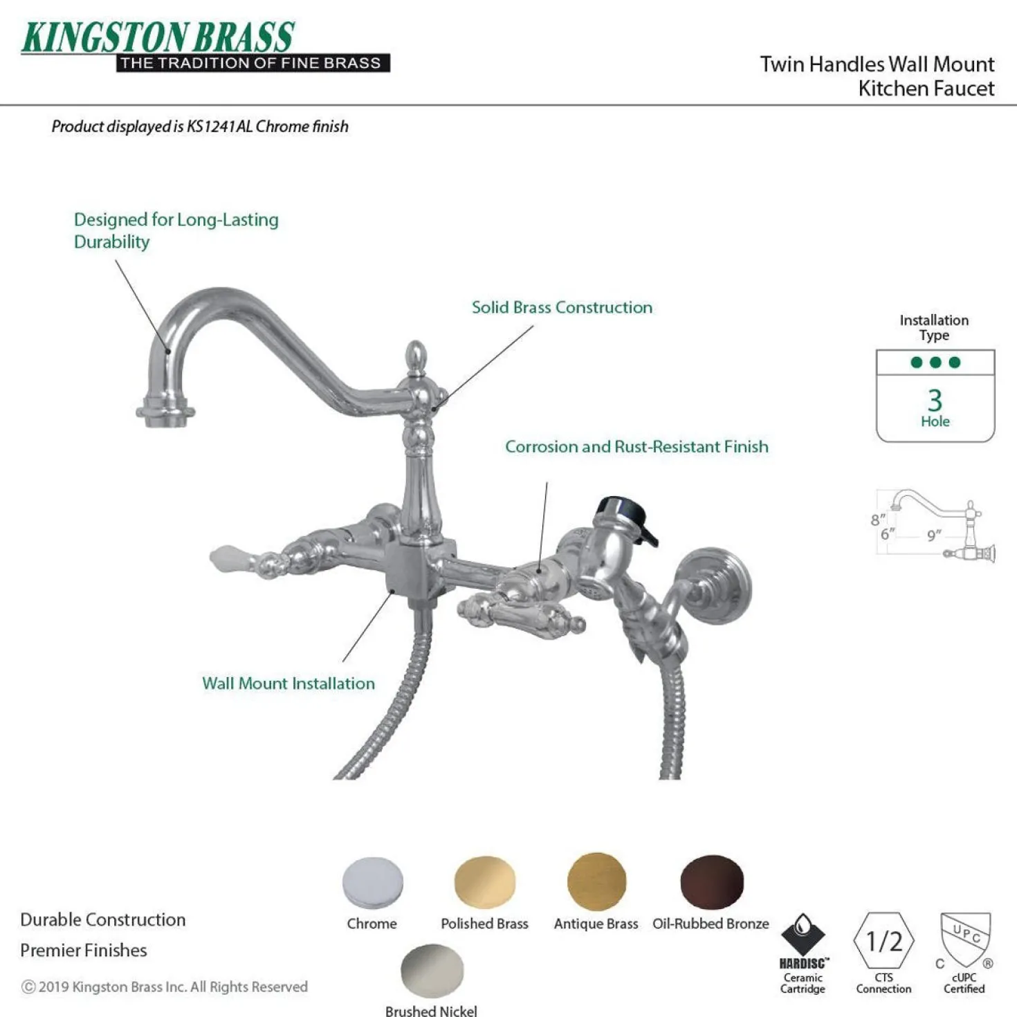 Kingston Brass Heritage Two-Handle Wall Mount Tub Filler