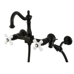 Kingston Brass Heritage Wall Mount 8" Centerset Kitchen Faucet with Brass Sprayer
