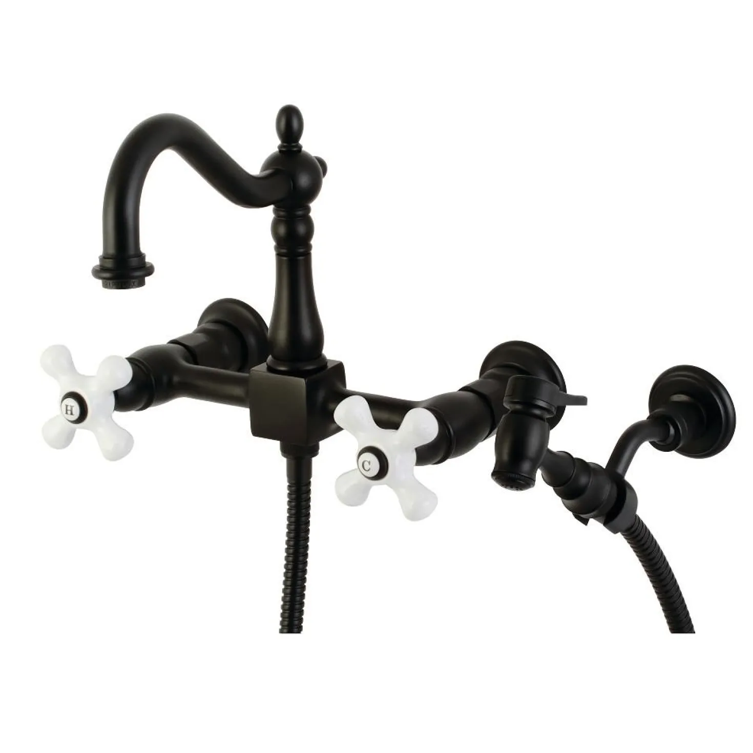 Kingston Brass Heritage Wall Mount 8" Centerset Kitchen Faucet with Brass Sprayer