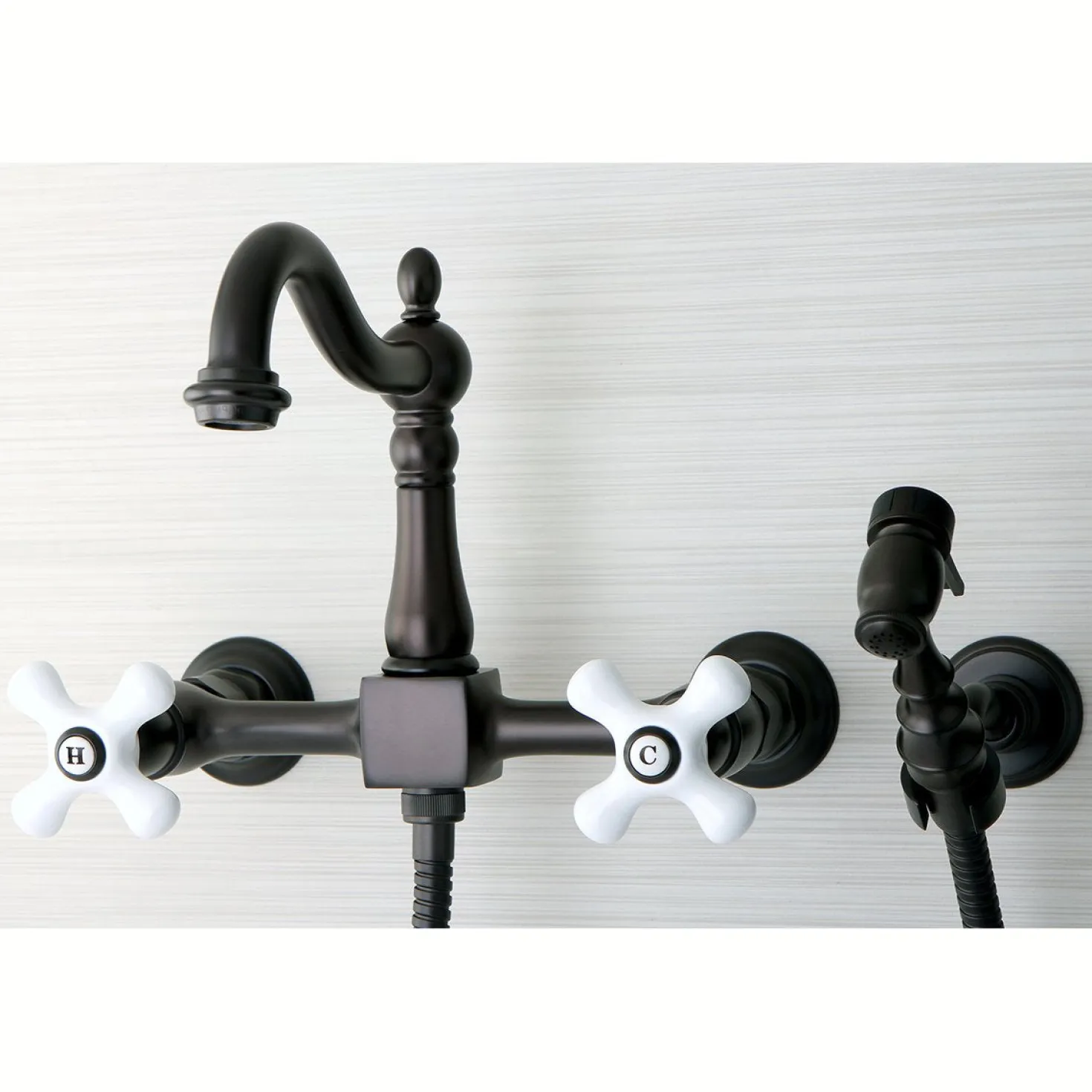 Kingston Brass Heritage Wall Mount 8" Centerset Kitchen Faucet with Brass Sprayer