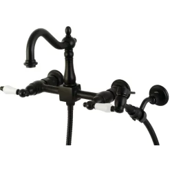 Kingston Brass Heritage Wall Mount 8-Inch Centerset Kitchen Faucet with Brass Sprayer