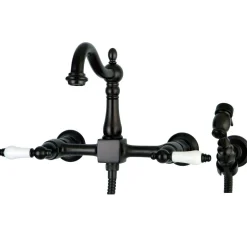 Kingston Brass Heritage Wall Mount 8-Inch Centerset Kitchen Faucet with Brass Sprayer
