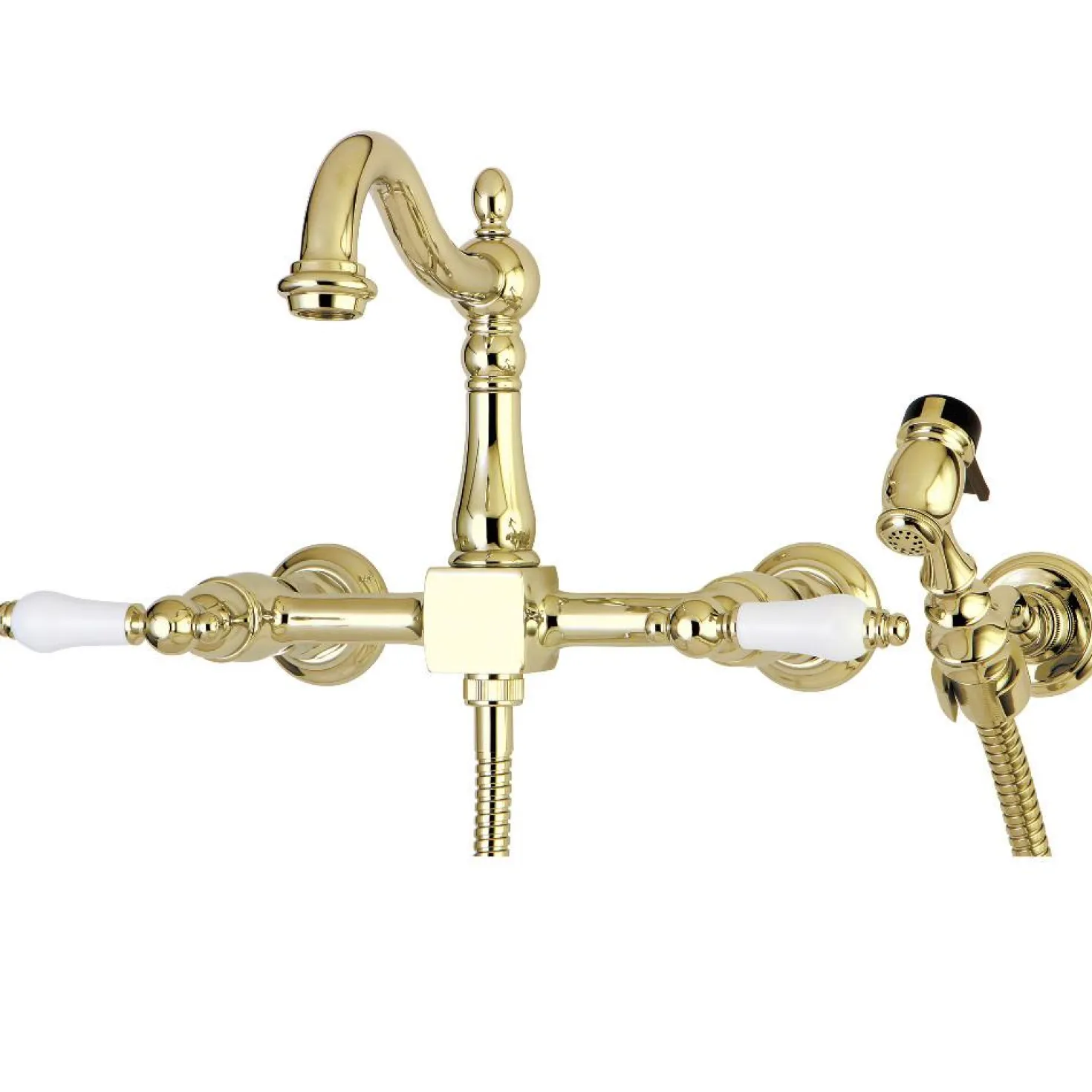 Kingston Brass Heritage Wall Mount 8-Inch Centerset Kitchen Faucet with Brass Sprayer