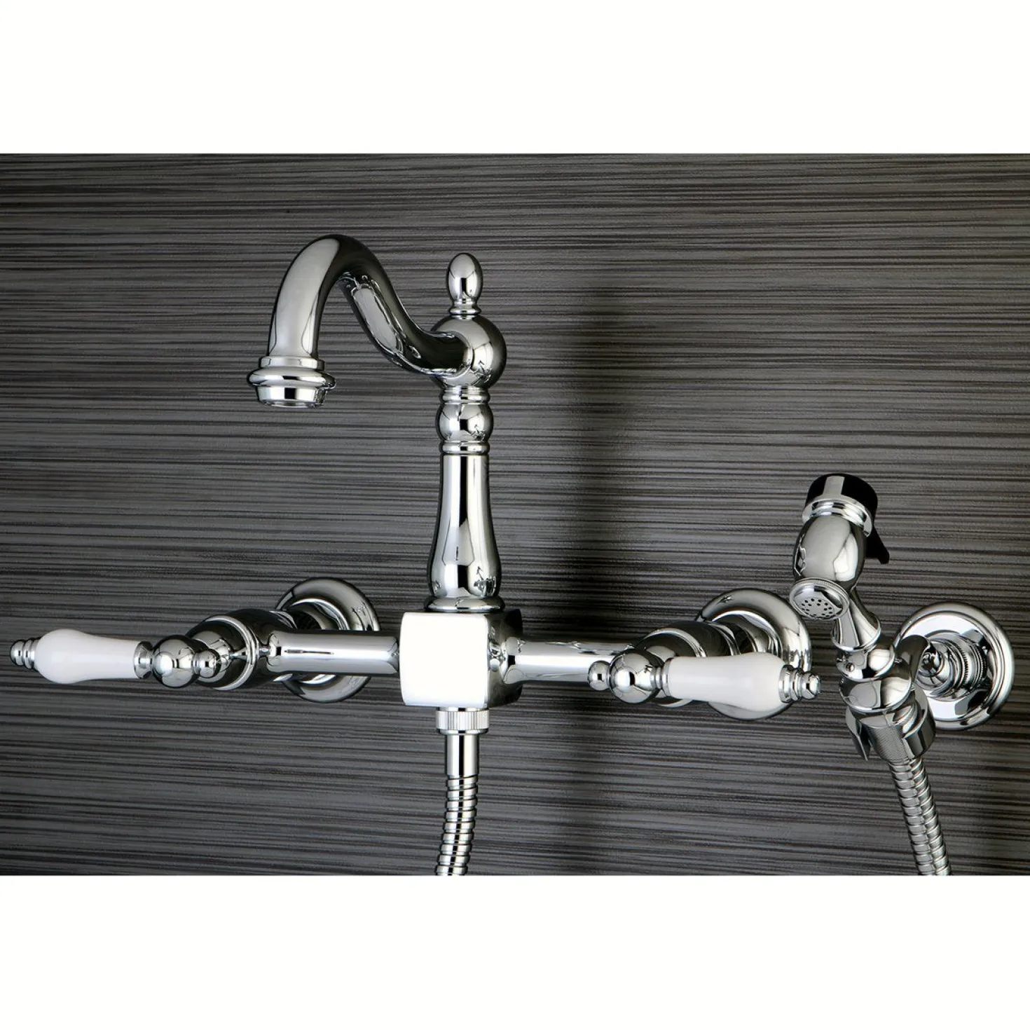 Kingston Brass Heritage Wall Mount 8-Inch Centerset Kitchen Faucet with Brass Sprayer