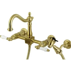 Kingston Brass Heritage Wall Mount 8-Inch Centerset Kitchen Faucet with Brass Sprayer