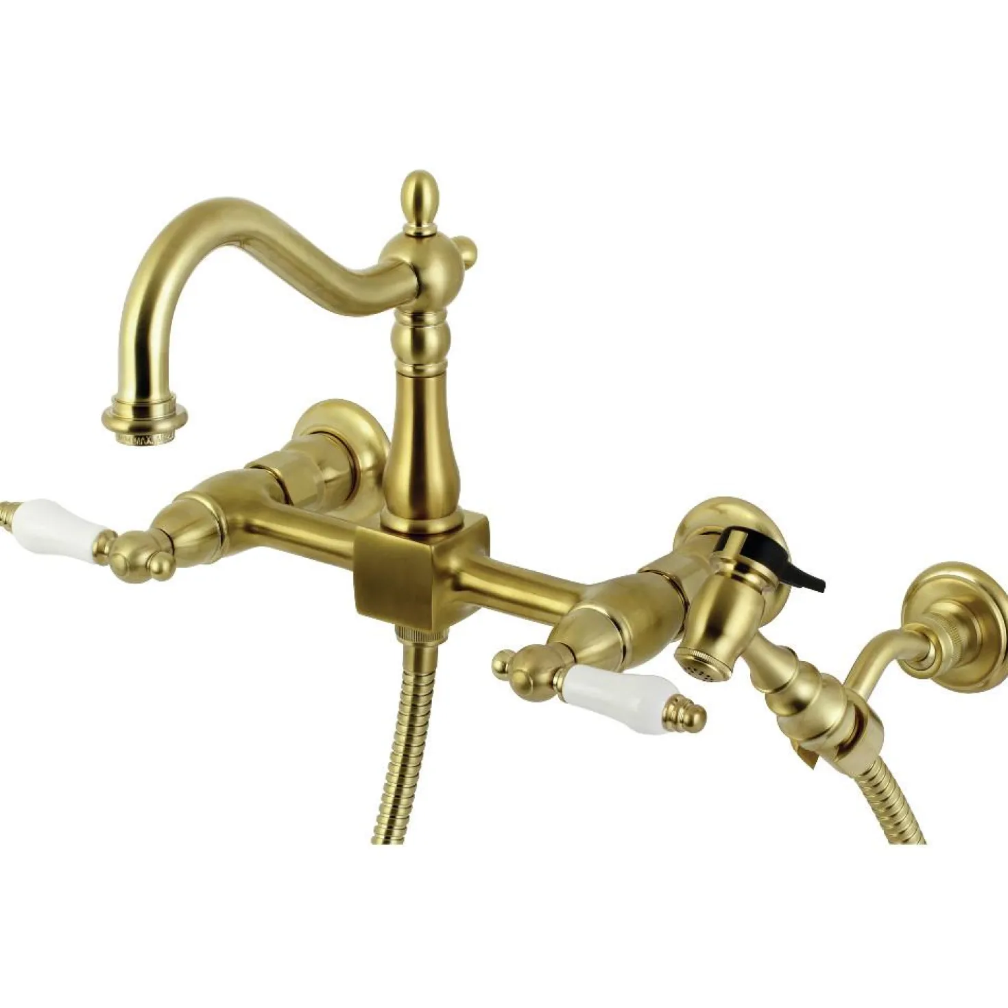 Kingston Brass Heritage Wall Mount 8-Inch Centerset Kitchen Faucet with Brass Sprayer