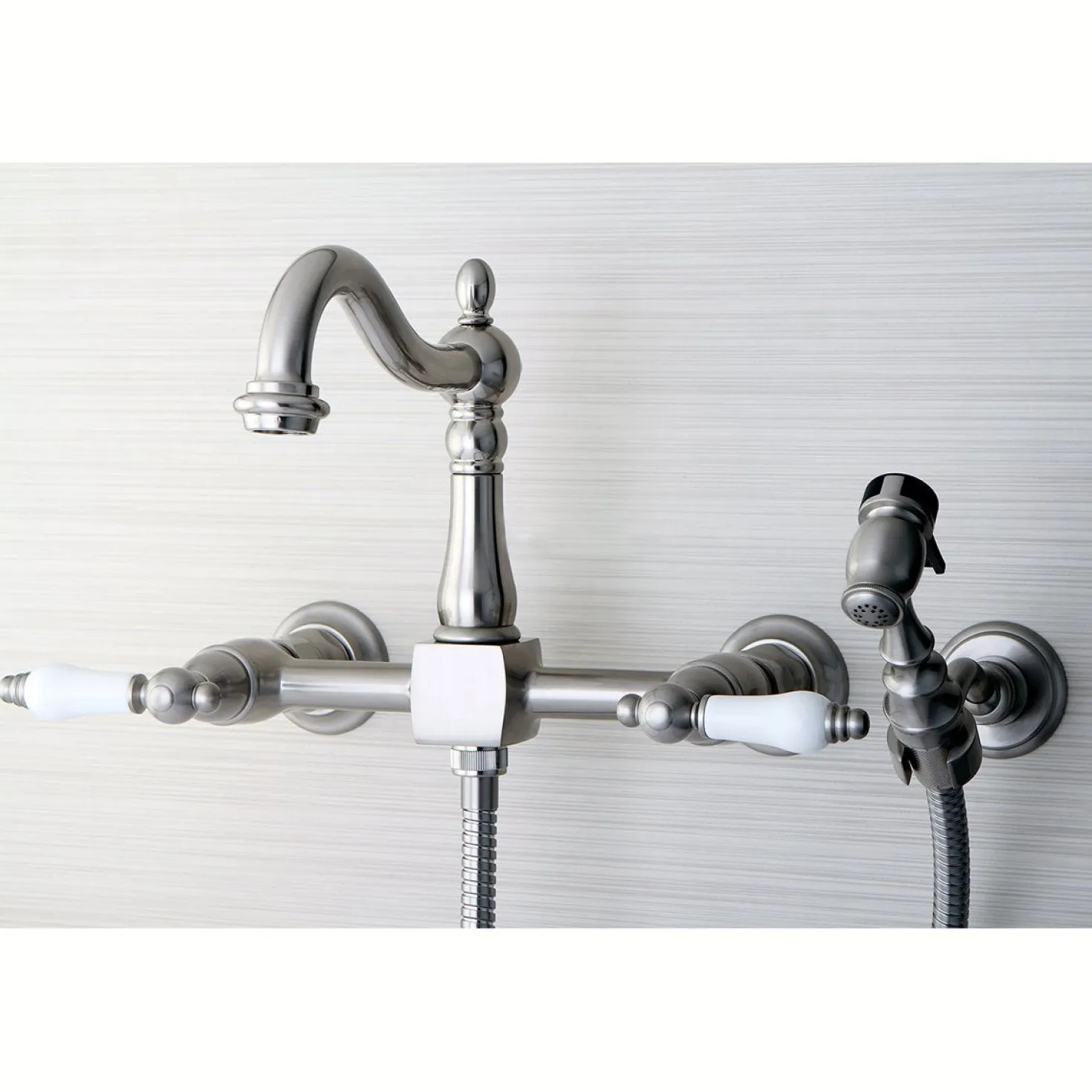Kingston Brass Heritage Wall Mount 8-Inch Centerset Kitchen Faucet with Brass Sprayer