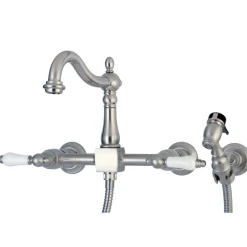 Kingston Brass Heritage Wall Mount 8-Inch Centerset Kitchen Faucet with Brass Sprayer