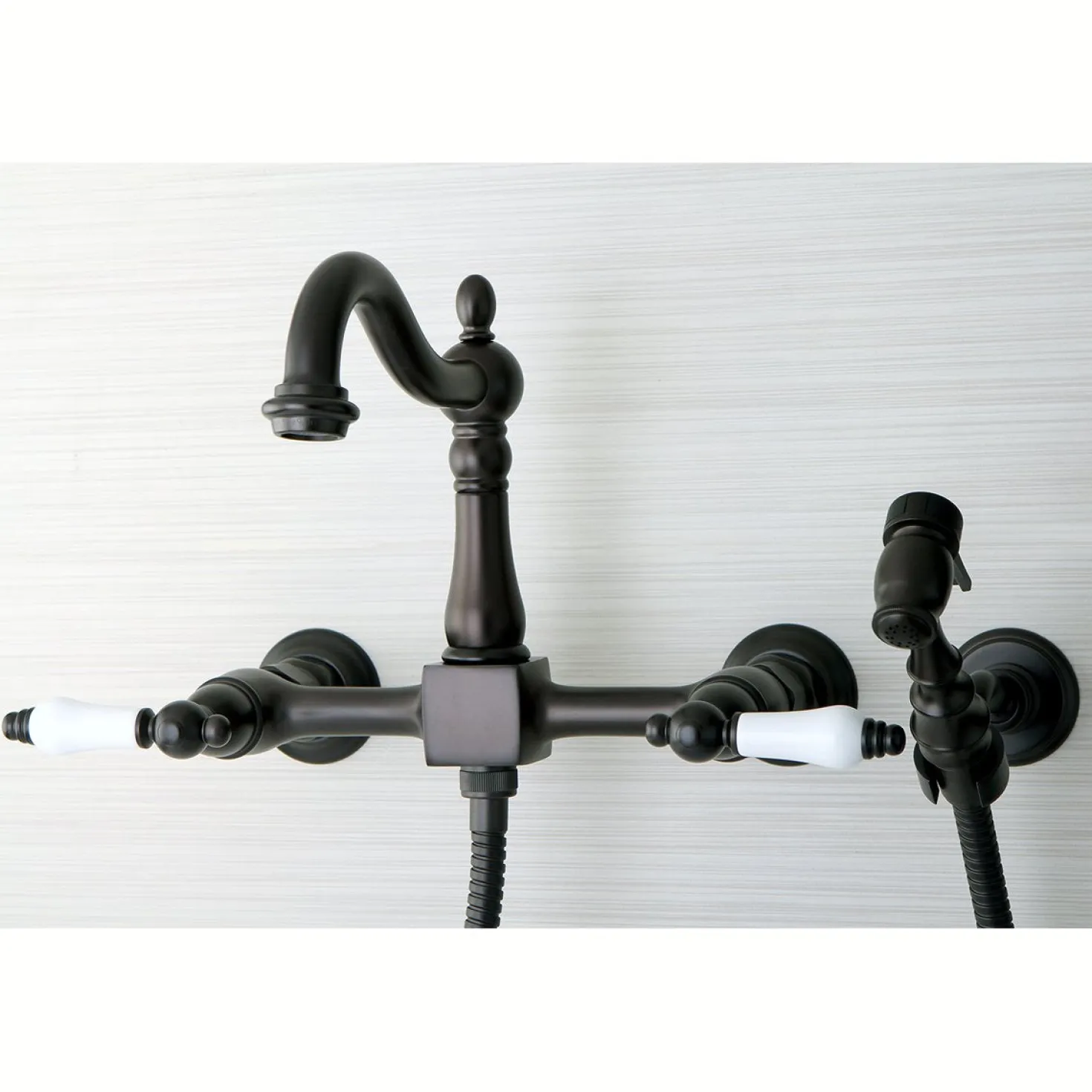 Kingston Brass Heritage Wall Mount 8-Inch Centerset Kitchen Faucet with Brass Sprayer