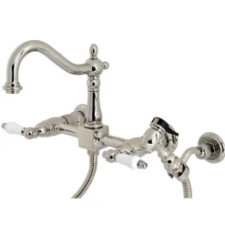 Kingston Brass Heritage Wall Mount 8-Inch Centerset Kitchen Faucet with Brass Sprayer
