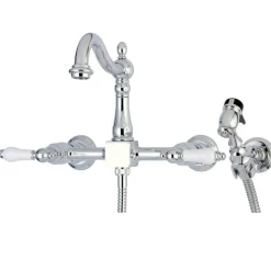 Kingston Brass Heritage Wall Mount 8-Inch Centerset Kitchen Faucet with Brass Sprayer