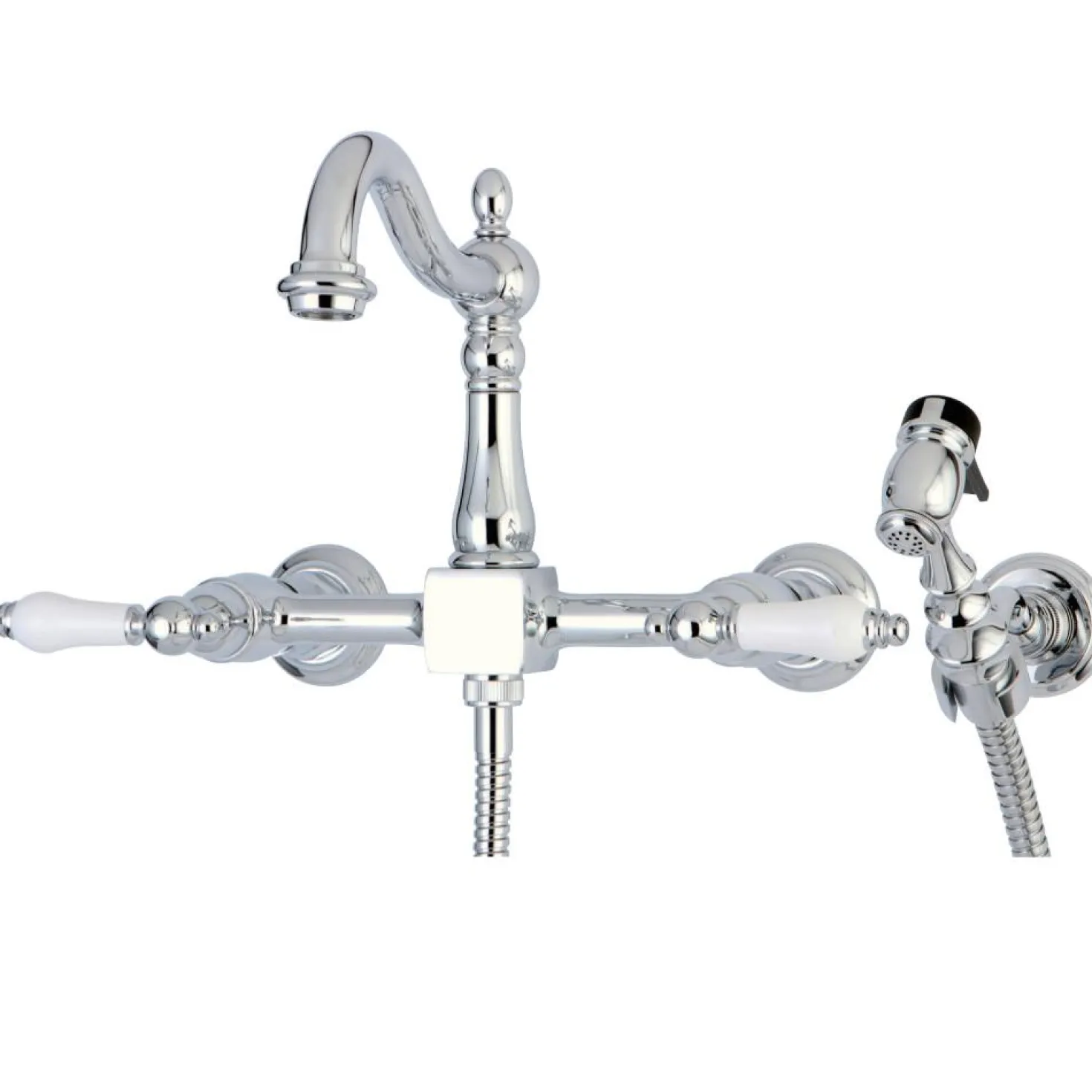 Kingston Brass Heritage Wall Mount 8-Inch Centerset Kitchen Faucet with Brass Sprayer