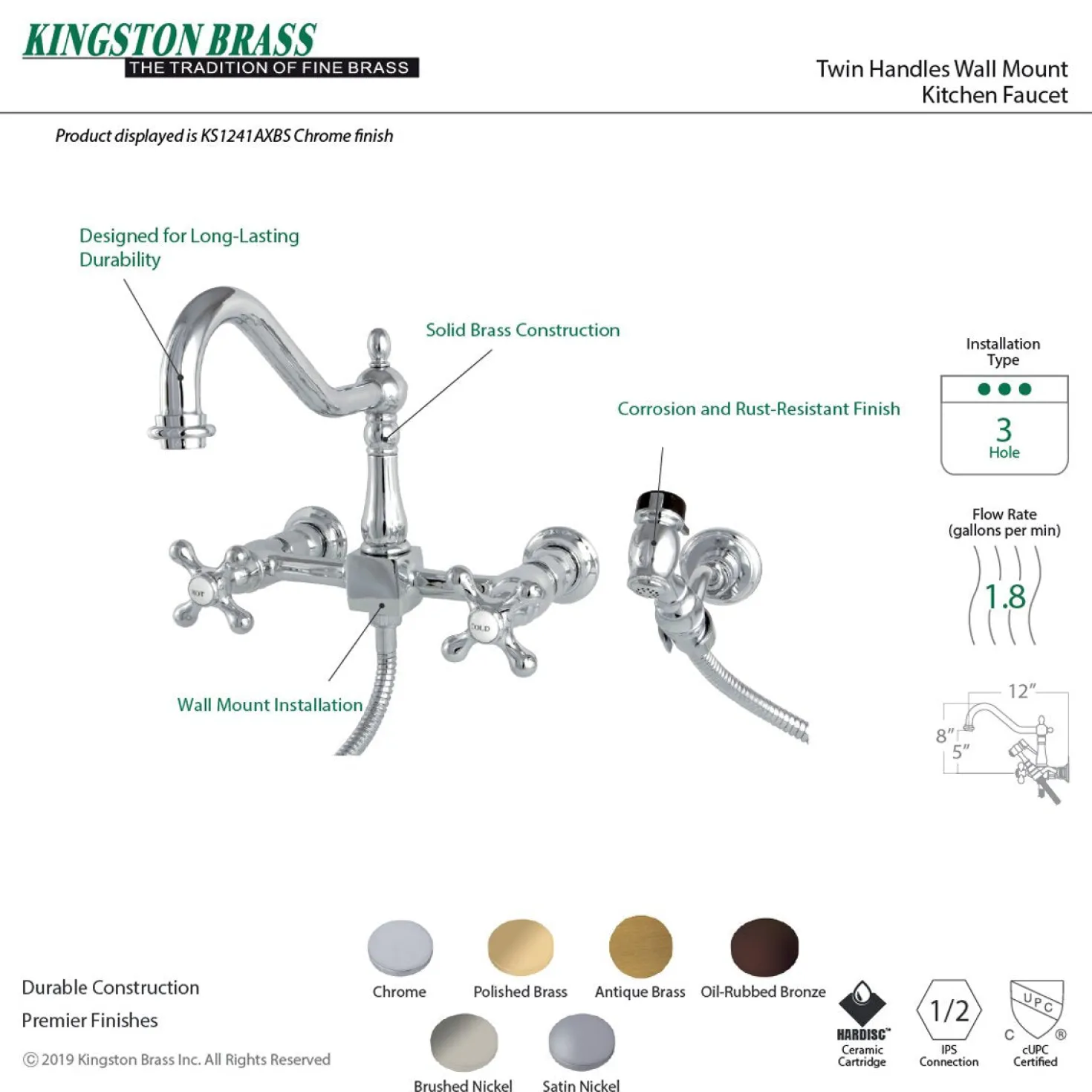 Kingston Brass Heritage 8" Wall Mount Kitchen Faucet with Brass Sprayer