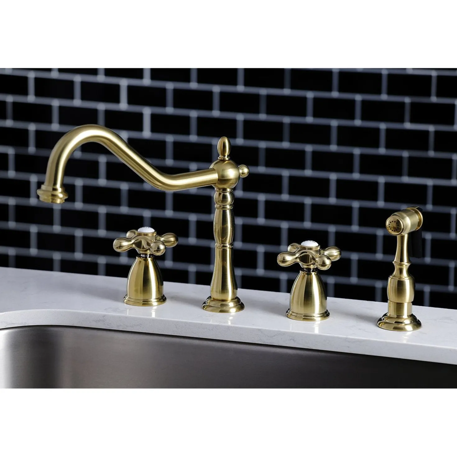Kingston Brass Heritage Widespread Kitchen Faucet with Brass Sprayer