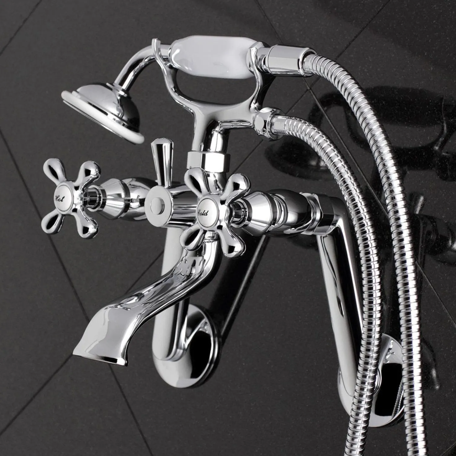 Kingston Brass 2-Hole Tub Wall Mount Clawfoot Tub Faucet with Hand Shower
