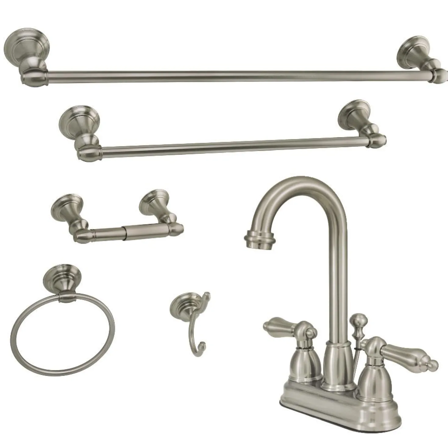 Kingston Brass KBK3618AL 4 in. Bathroom Faucet with 5-Piece Bathroom Hardware Combo, Brushed Nickel