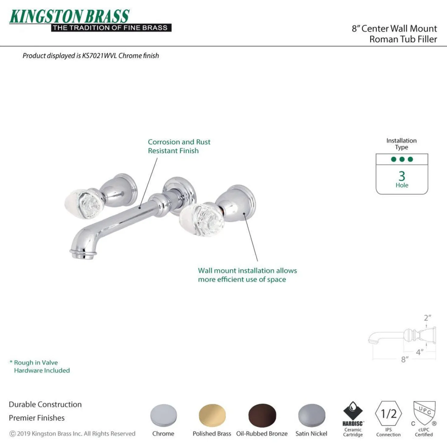 Kingston Brass Krystal Onyx Two Handles Wall Mount Roman Tub Faucet