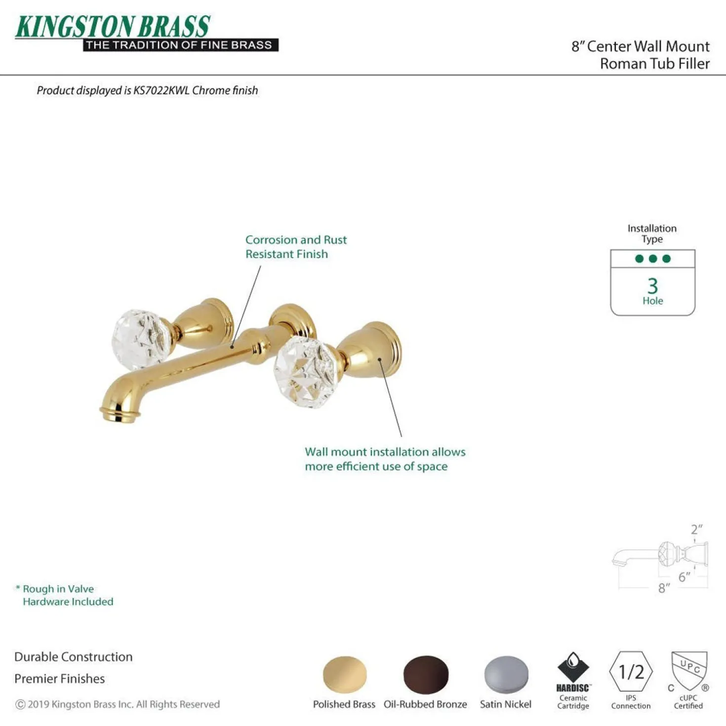 Kingston Brass Krystal Onyx Two-Handle Wall Mount Roman Tub Faucet