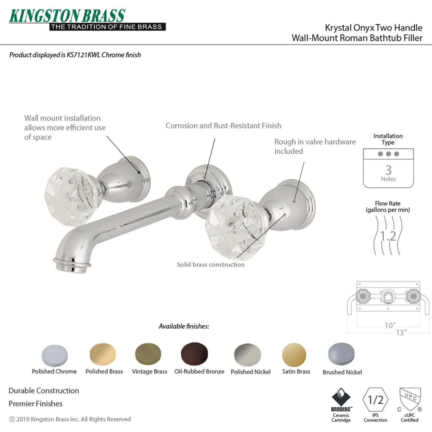 Kingston Brass Krystal Onyx Wall Mount Two-Handle Bathroom Faucet