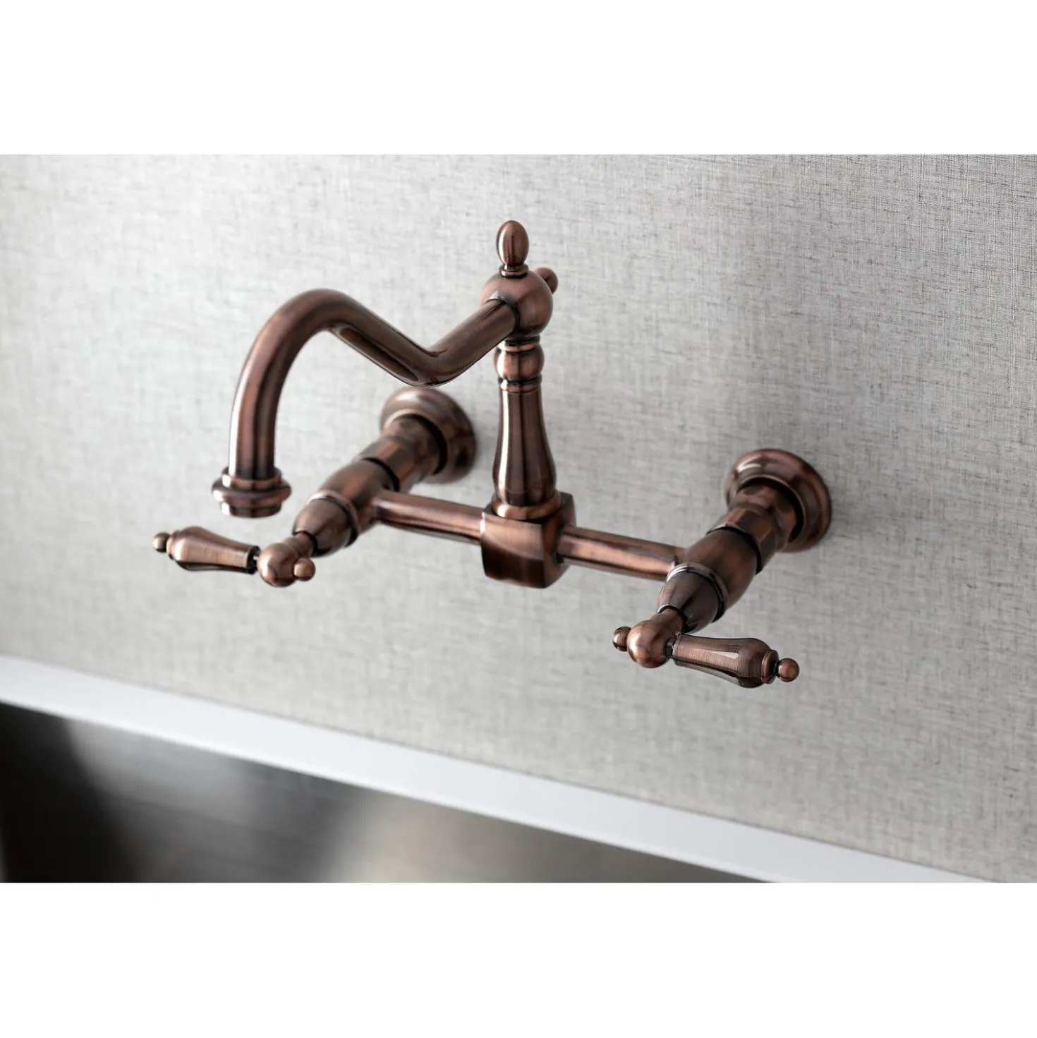Kingston Brass KS124ALAC Heritage Two-Handle Wall Mount Bridge Kitchen Faucet, Antique Copper